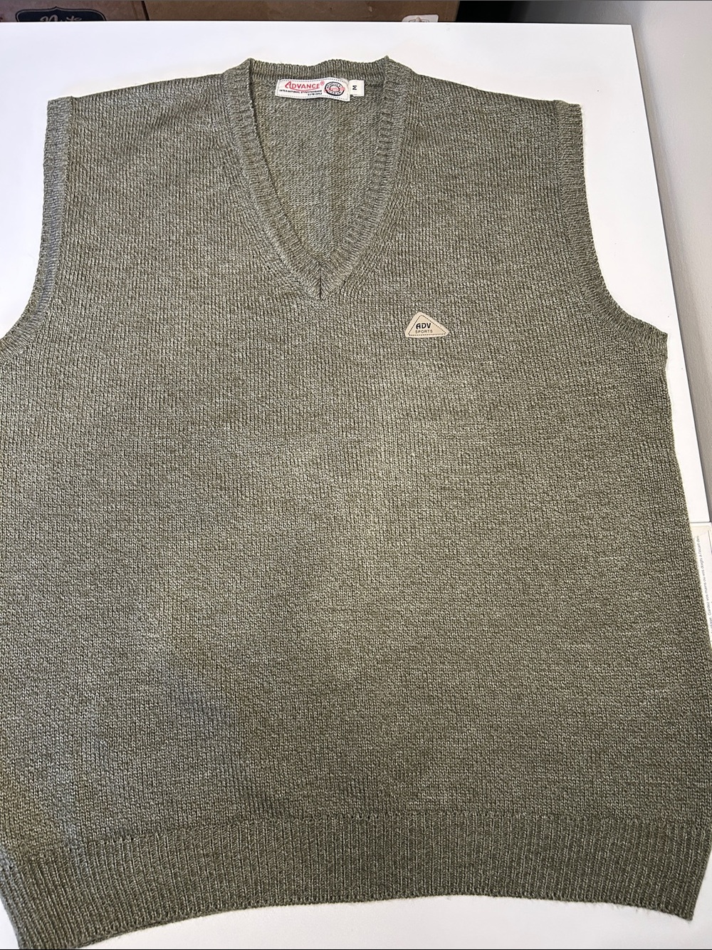 Vintage ADVANCE Men's V-Neck Knit Sweater Vest - light brown olive undertones.